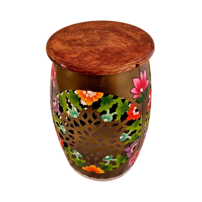 pranjals house pranjals house Beautiful Metal Sitting Stool Wooden Brass Beautiful Side Table/Coffee Table/Corner Table/Outdoor Table/Living Room Furniture Floral Design Home Decor|Office Decoration|Mudda - Image 4