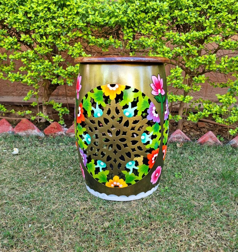 pranjals house pranjals house Beautiful Metal Sitting Stool Wooden Brass Beautiful Side Table/Coffee Table/Corner Table/Outdoor Table/Living Room Furniture Floral Design Home Decor|Office Decoration|Mudda - Image 2