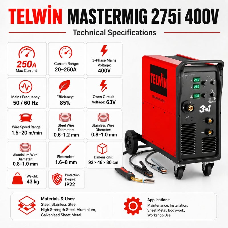 Telwin MASTERMIG 275i 400V Multiprocess Inverter Welding Machine MIG MAG MMA TIG DC Lift 250A Professional Welder - Image 2
