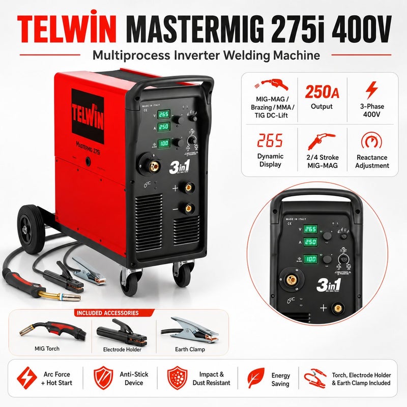 Telwin MASTERMIG 275i 400V Multiprocess Inverter Welding Machine MIG MAG MMA TIG DC Lift 250A Professional Welder - Image 1