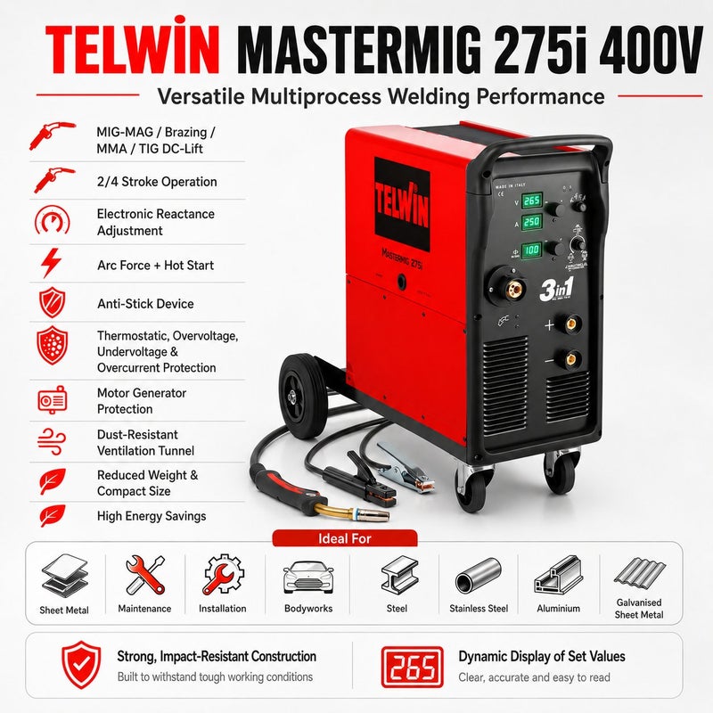 Telwin MASTERMIG 275i 400V Multiprocess Inverter Welding Machine MIG MAG MMA TIG DC Lift 250A Professional Welder - Image 3