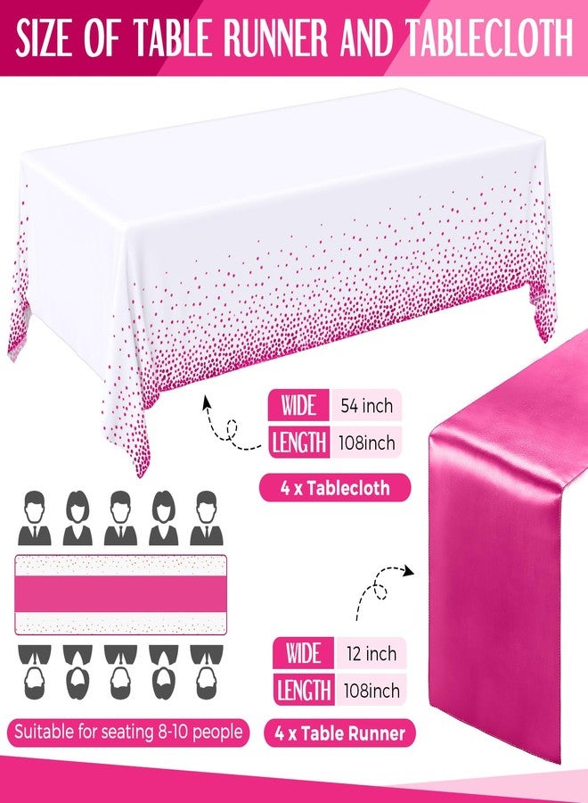 Breling 8 Pack First Communion White and Hot Pink Disposable Plastic Tablecloths and Satin Table Runner Set, 54 x 108 Inch Tablecloth, 12 x 108 Inch Table Runners for Wedding Graduation Baby Shower - Image 2