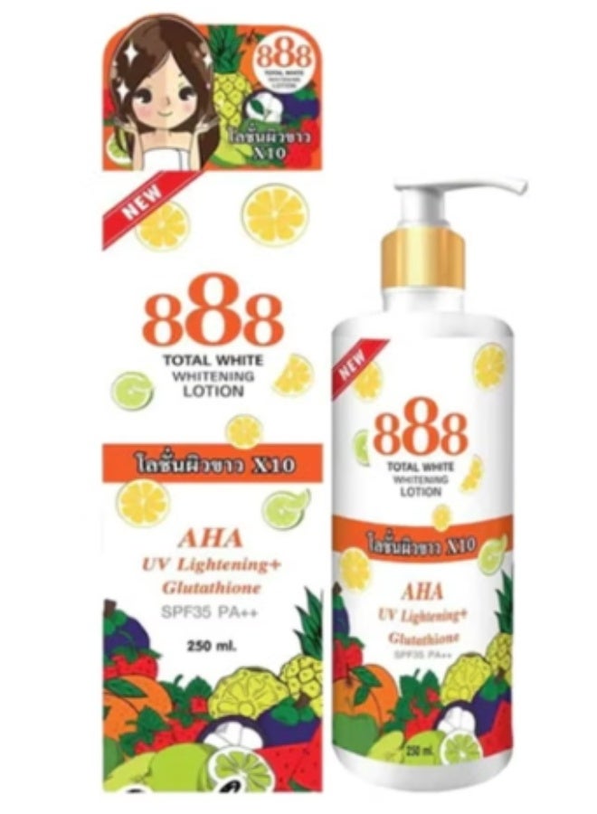 888 توتال وايت لوشن تبييض 10X، يحتوي على AHA لتفتيح البشرة من الأشعة فوق البنفسجية، جلوثاثيون، وSPF 35 PA++ لبشرة متساوية وخالية من العيوب وأكثر إشراقًا، تغذية عميقة لإشراقة دائمة في عبوة بحجم 250 مل. - Image 1