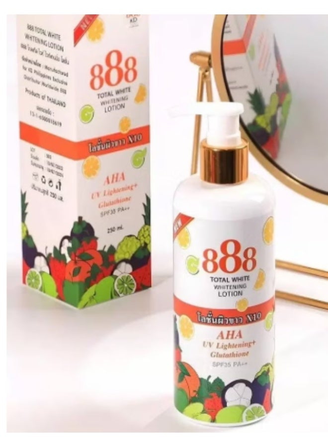 888 توتال وايت لوشن تبييض 10X، يحتوي على AHA لتفتيح البشرة من الأشعة فوق البنفسجية، جلوثاثيون، وSPF 35 PA++ لبشرة متساوية وخالية من العيوب وأكثر إشراقًا، تغذية عميقة لإشراقة دائمة في عبوة بحجم 250 مل. - Image 2