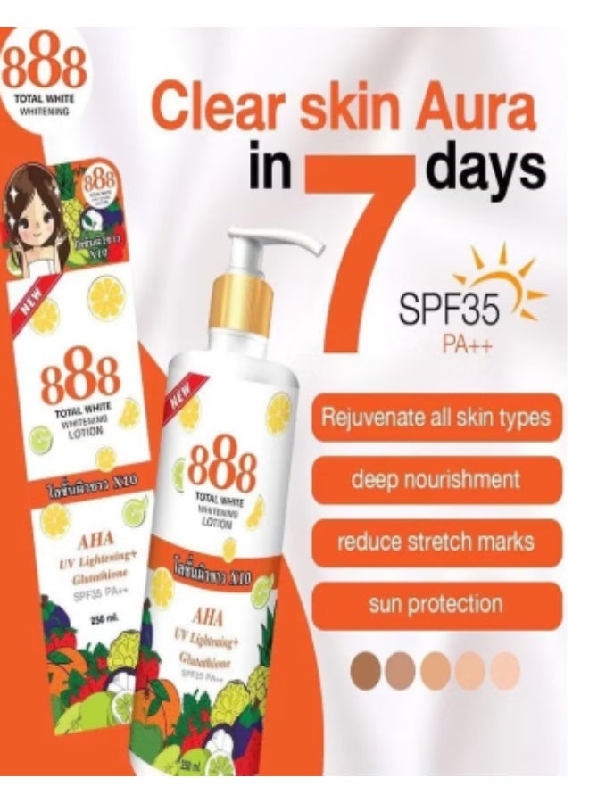 888 توتال وايت لوشن تبييض 10X، يحتوي على AHA لتفتيح البشرة من الأشعة فوق البنفسجية، جلوثاثيون، وSPF 35 PA++ لبشرة متساوية وخالية من العيوب وأكثر إشراقًا، تغذية عميقة لإشراقة دائمة في عبوة بحجم 250 مل. - Image 3