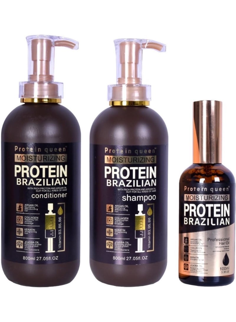 Protein Queen Brazilian Professional Hair Treatment Set, Keratine Moisturizing & Hair Loss Control, Repair, Nourishment. Featuring– SHAMPOO, CONDITIONER and HAIR SERUM – Sulfate-Free, Protein-Rich Formula (3pcs Set) - Image 1