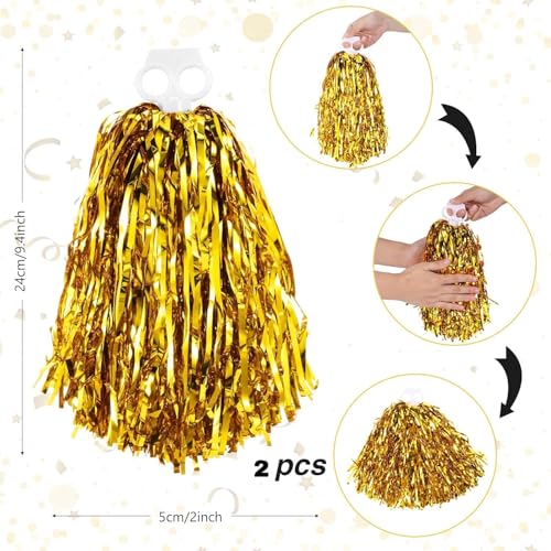 AK ANOLIHK® Metallic Cheerleader Pompoms Sports Dance Cheer Party Accessories Pom Poms Hand Flowers with Plastic Handle for Kids Adults Rooters,Cheering Squard,Cheering Team, Pack of 2 (FINGERS POM-GOLD) - Image 2