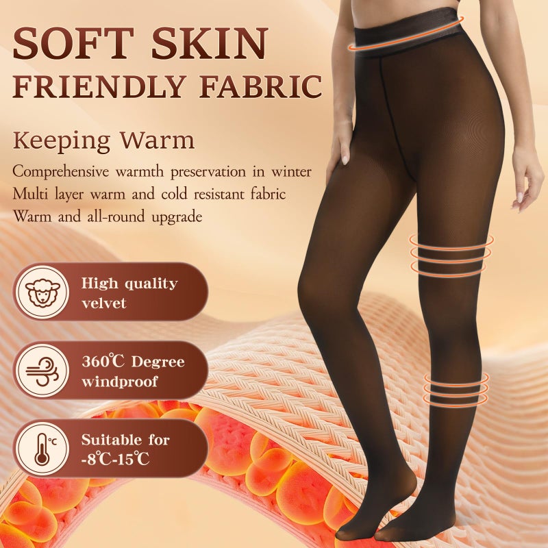 HONGTEYA Fleece Lined Tights Women Winter Thermal Leggings Pantyhose Fake Translucent Thick Warm Sheer Tights (US, Alpha, Large, Regular, Regular, honey) - Image 2