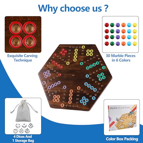 NRZSSN Large Size 20 inches Wood Wahoo Marble Board Game 2 Sided Game 46 Player for Friends and Family Party Classic Aggravation Style Strategy Racing Game with 6 Dices30 Marbles Rustic Brown - Image 5