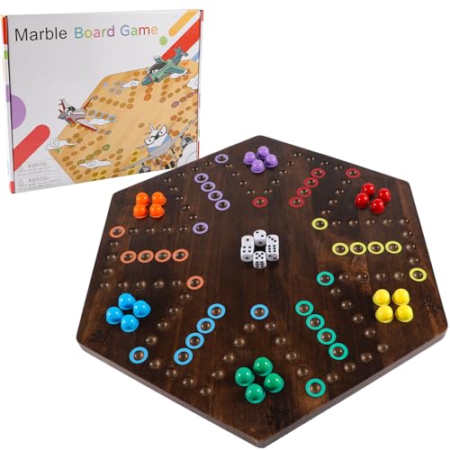 NRZSSN Large Size 20 inches Wood Wahoo Marble Board Game 2 Sided Game 46 Player for Friends and Family Party Classic Aggravation Style Strategy Racing Game with 6 Dices30 Marbles Rustic Brown - Image 1