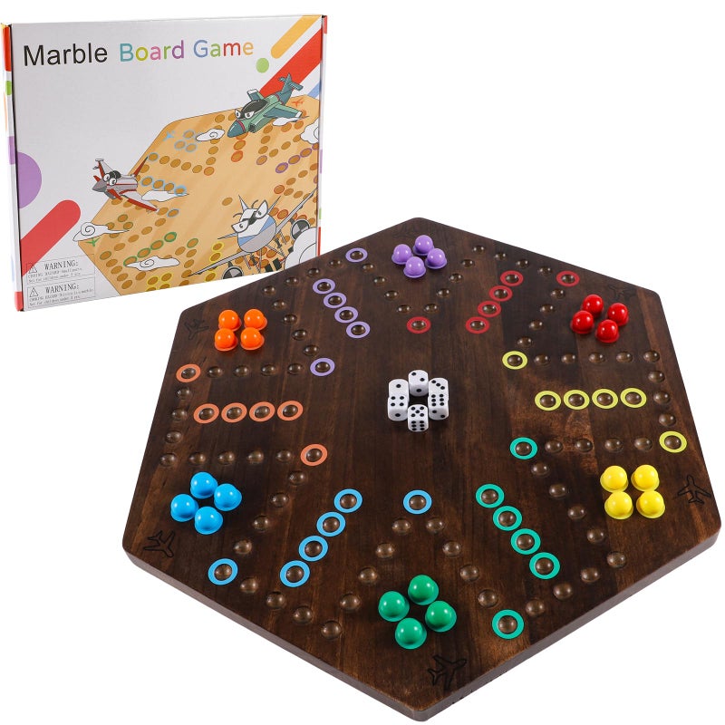NRZSSN Large Size 20 inches Wood Wahoo Marble Board Game 2 Sided Game 46 Player for Friends and Family Party Classic Aggravation Style Strategy Racing Game with 6 Dices30 Marbles Rustic Brown - Image 3