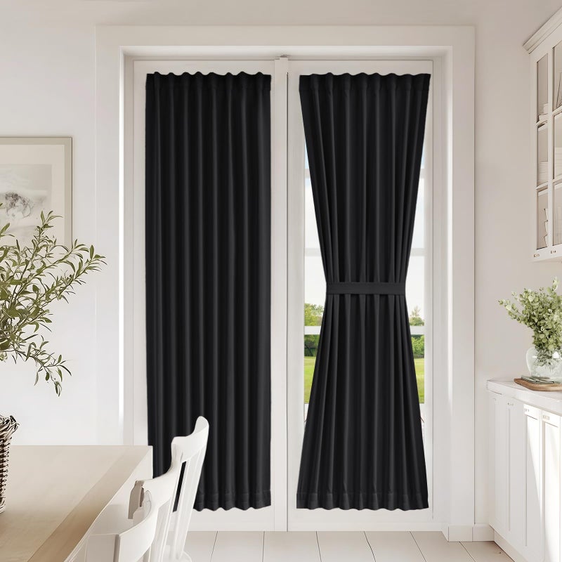 Vatge Blackout Door Panel Curtain - Self Adhesive Curtains with Tieback for Front and French Doors, 1 Panel, W25 x L72, Black - Image 1