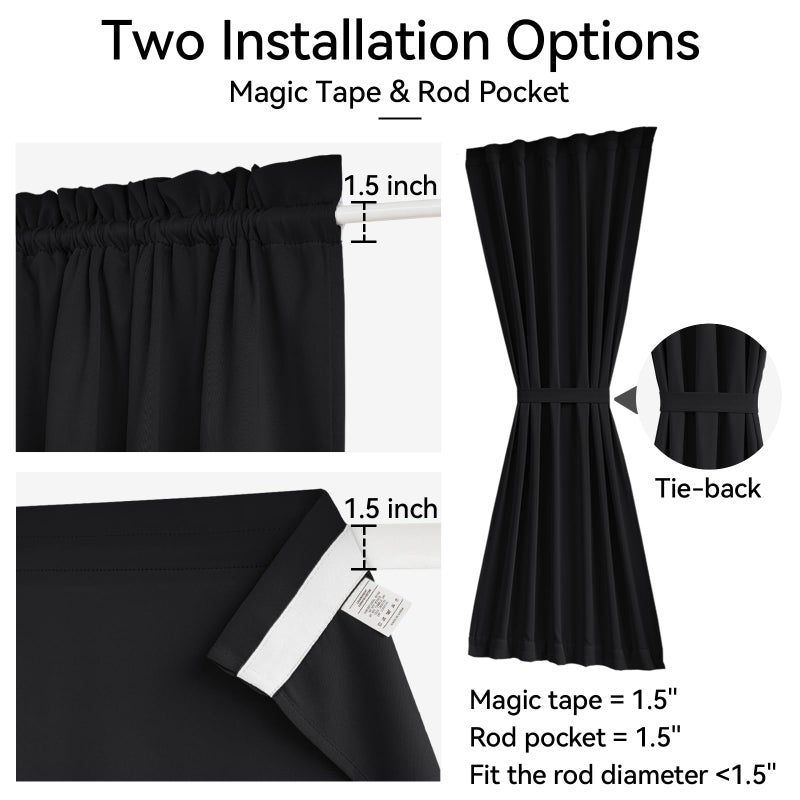 Vatge Blackout Door Panel Curtain - Self Adhesive Curtains with Tieback for Front and French Doors, 1 Panel, W25 x L72, Black - Image 2