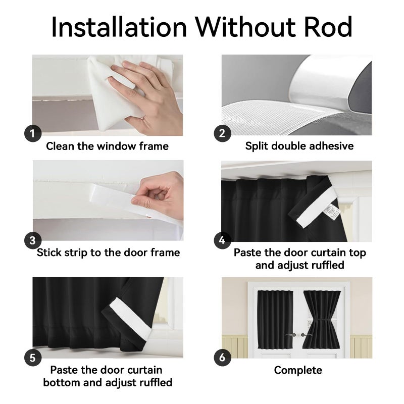 Vatge Blackout Door Panel Curtain - Self Adhesive Curtains with Tieback for Front and French Doors, 1 Panel, W25 x L72, Black - Image 3