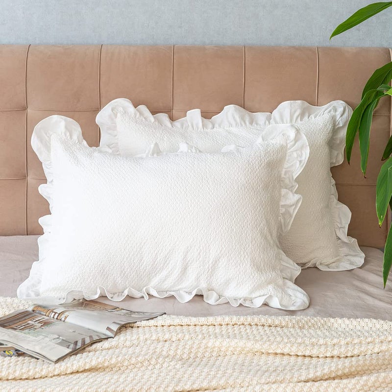 GLORY SEASON Pillow Shams Set of 2 Pure Cotton Champray Ruffled Edge,Thick and Solid Washed Dobby Heavy Fabric (Standard 20x26 inches) - Image 1
