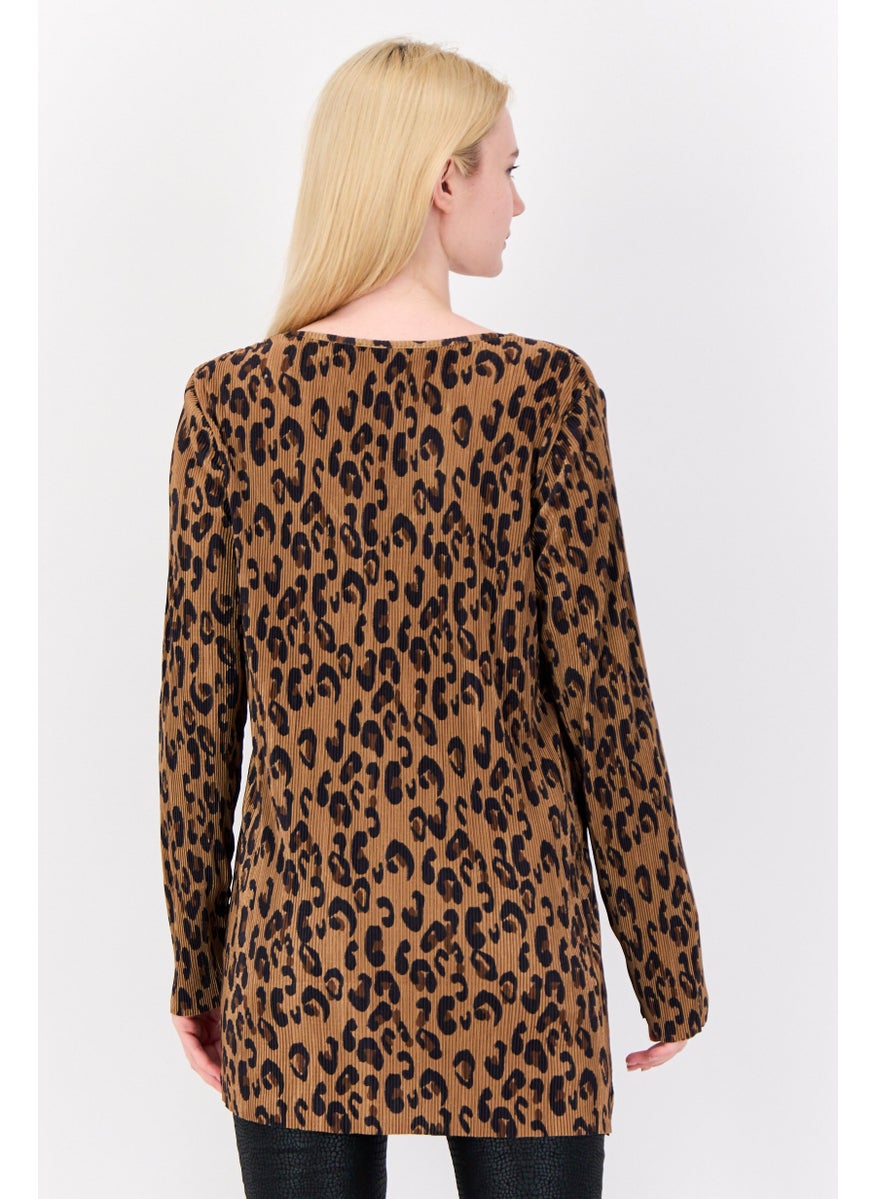 Cyrus - Women V Neck Long Sleeve Striped Tunic Top, Brown - Image 1
