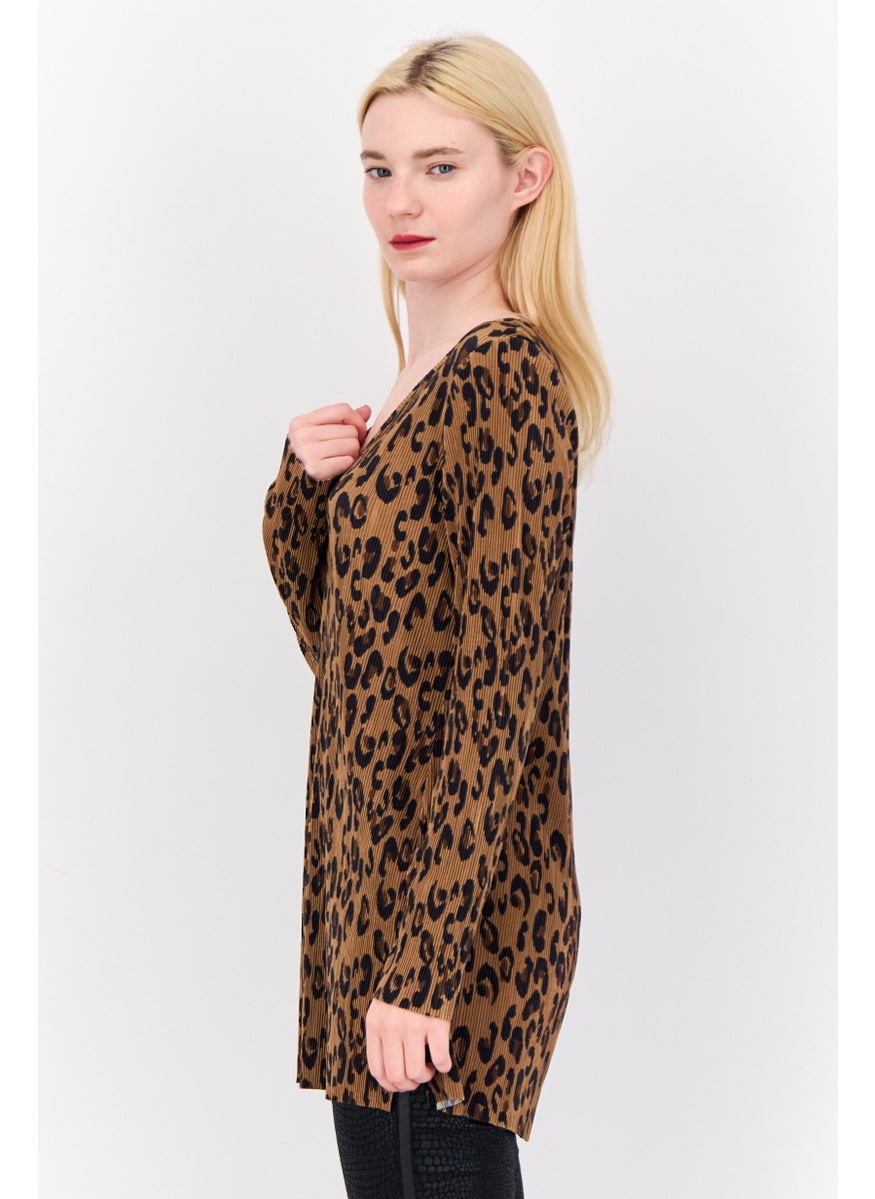 Cyrus - Women V Neck Long Sleeve Striped Tunic Top, Brown - Image 1