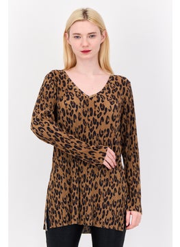 Women V Neck Long Sleeve Striped Tunic Top, Brown