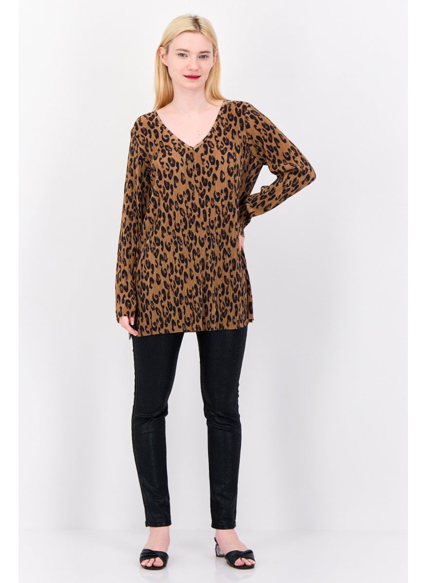 Cyrus - Women V Neck Long Sleeve Striped Tunic Top, Brown - Image 1