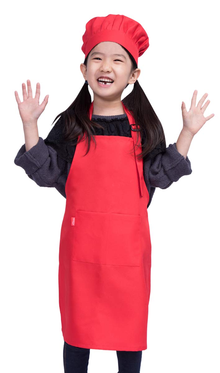 ALIPOBO Kids Apron and Chef Hat Set Childrens Adjustable Bib Apron with 2 Pockets Cute Boys Girls Kitchen Apron for Cooking Baking Painting Training Wear 612 Year Red