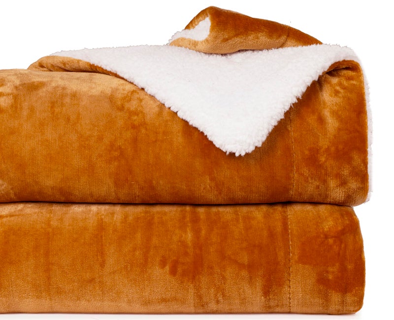 CHANDRAVATI Polyester Micromink Sherpa Blanket | Double Bed Flannel Blanket | Soft, Warm & Cozy Solid Plain Bedding for AC & Winter (Golden, Double, 200 TC) - Image 1
