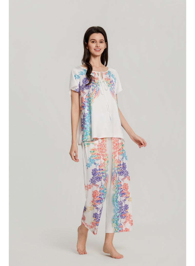 MASHUCK Luxury Tie-Neck Short Sleeve Pajama Set - Vibrant Floral Print Sleepwear - Loose Fit 2-Piece Summer Lounge Suit - Image 3