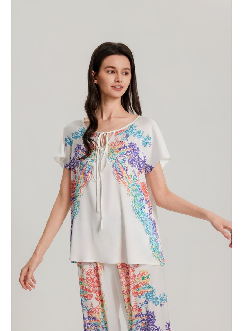 MASHUCK Luxury Tie-Neck Short Sleeve Pajama Set - Vibrant Floral Print Sleepwear - Loose Fit 2-Piece Summer Lounge Suit - Image 5