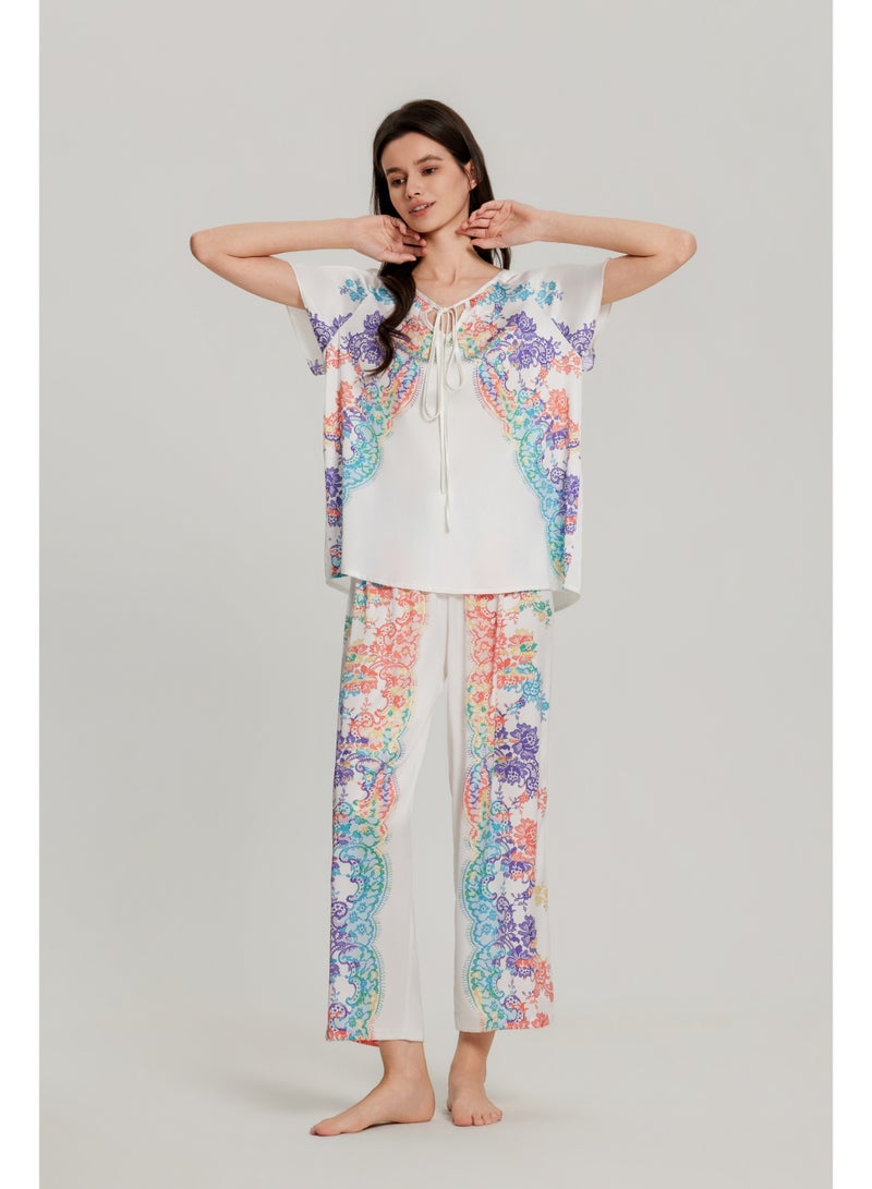 MASHUCK Luxury Tie-Neck Short Sleeve Pajama Set - Vibrant Floral Print Sleepwear - Loose Fit 2-Piece Summer Lounge Suit - Image 4
