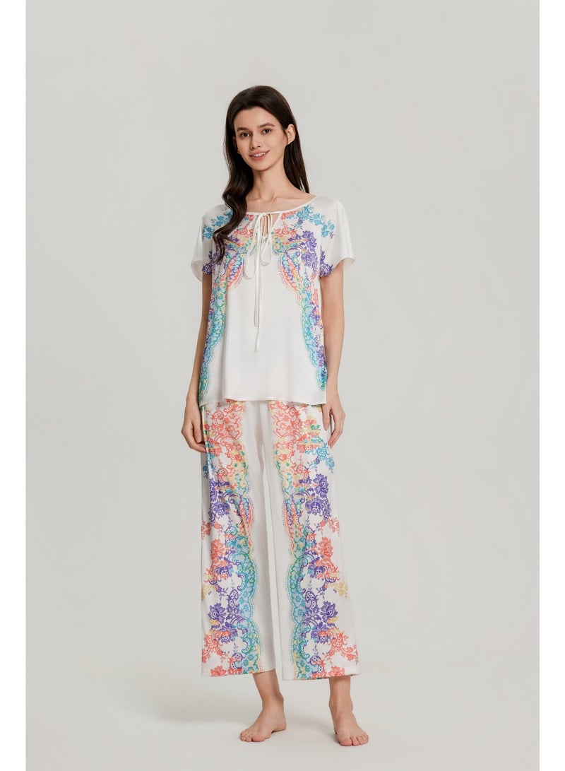 MASHUCK Luxury Tie-Neck Short Sleeve Pajama Set - Vibrant Floral Print Sleepwear - Loose Fit 2-Piece Summer Lounge Suit - Image 1