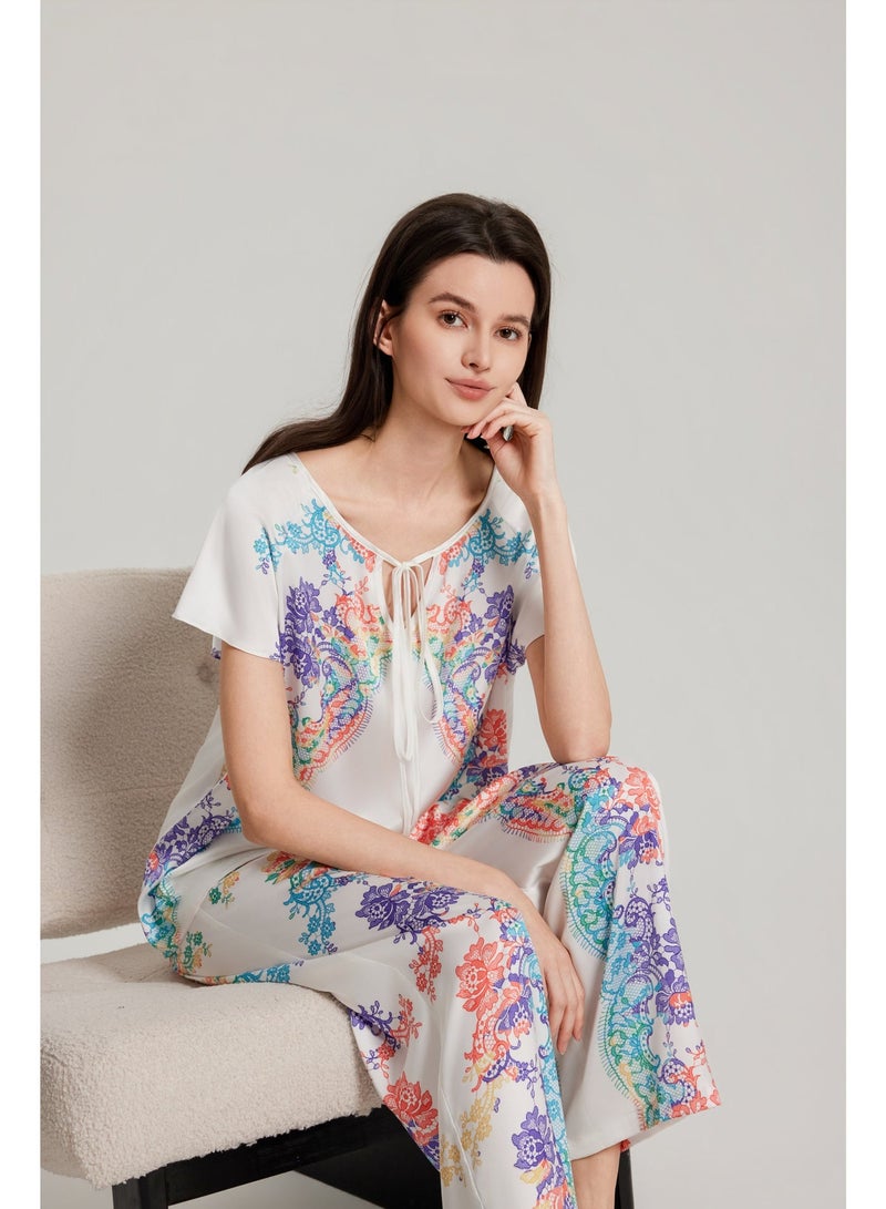 MASHUCK Luxury Tie-Neck Short Sleeve Pajama Set - Vibrant Floral Print Sleepwear - Loose Fit 2-Piece Summer Lounge Suit - Image 2