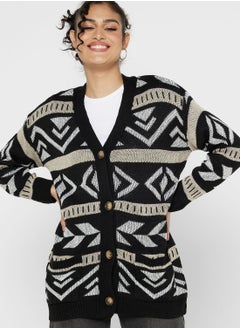 Aztec Print Intarsia Cardigan