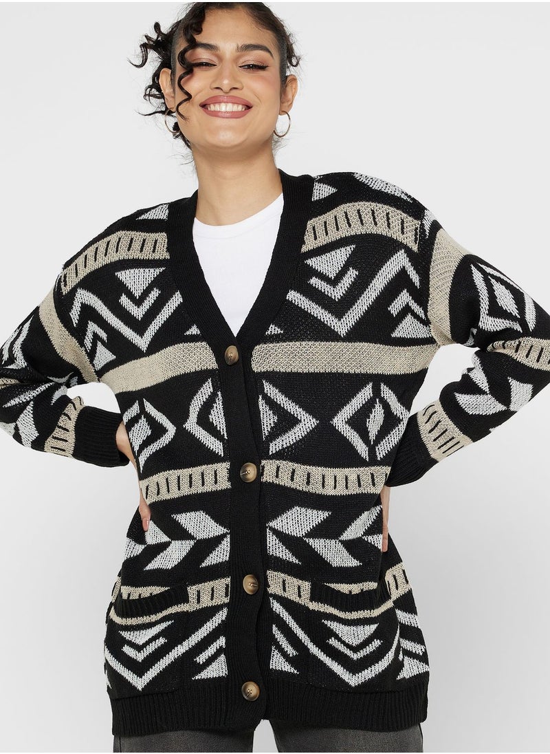ELLA - Aztec Print Intarsia Cardigan - Image 1