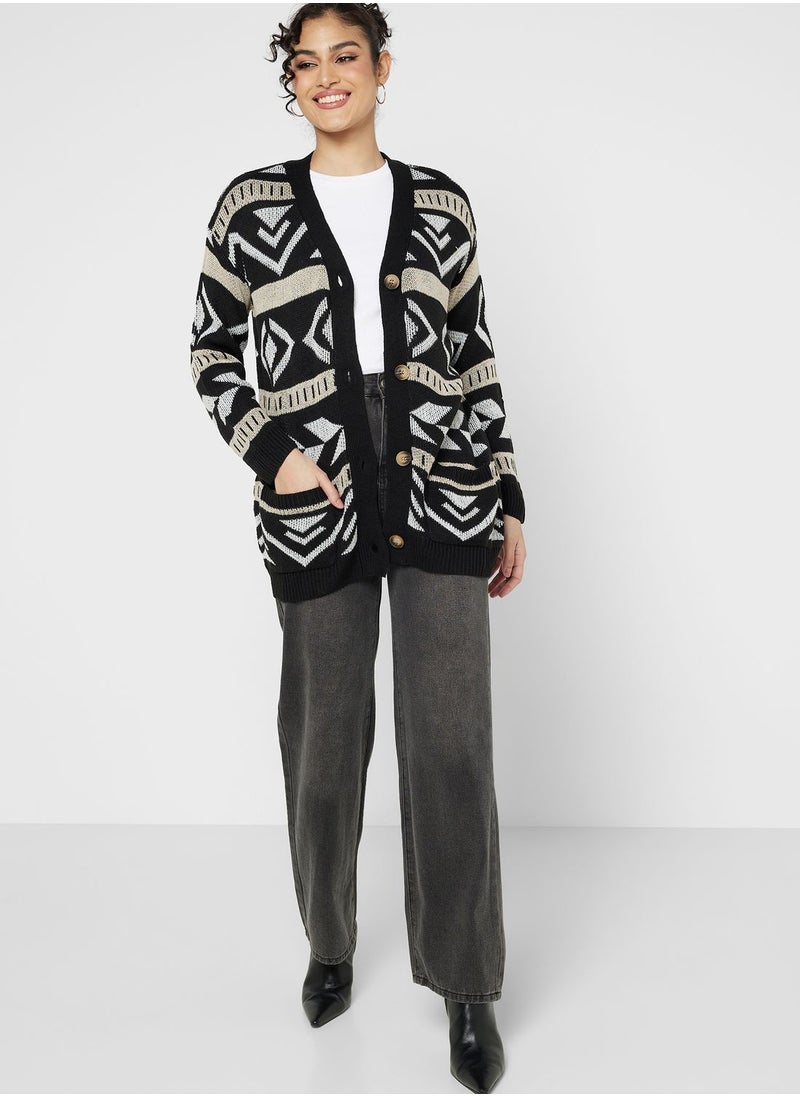 ELLA - Aztec Print Intarsia Cardigan - Image 1