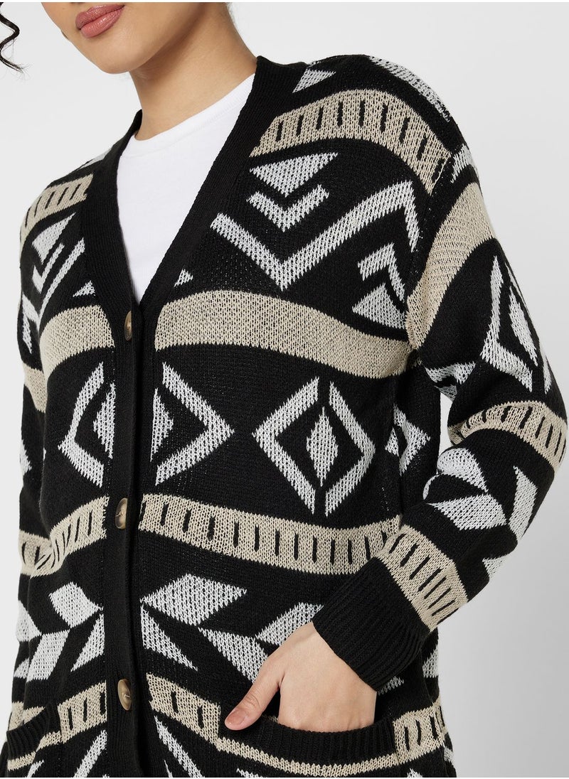 ELLA - Aztec Print Intarsia Cardigan - Image 1