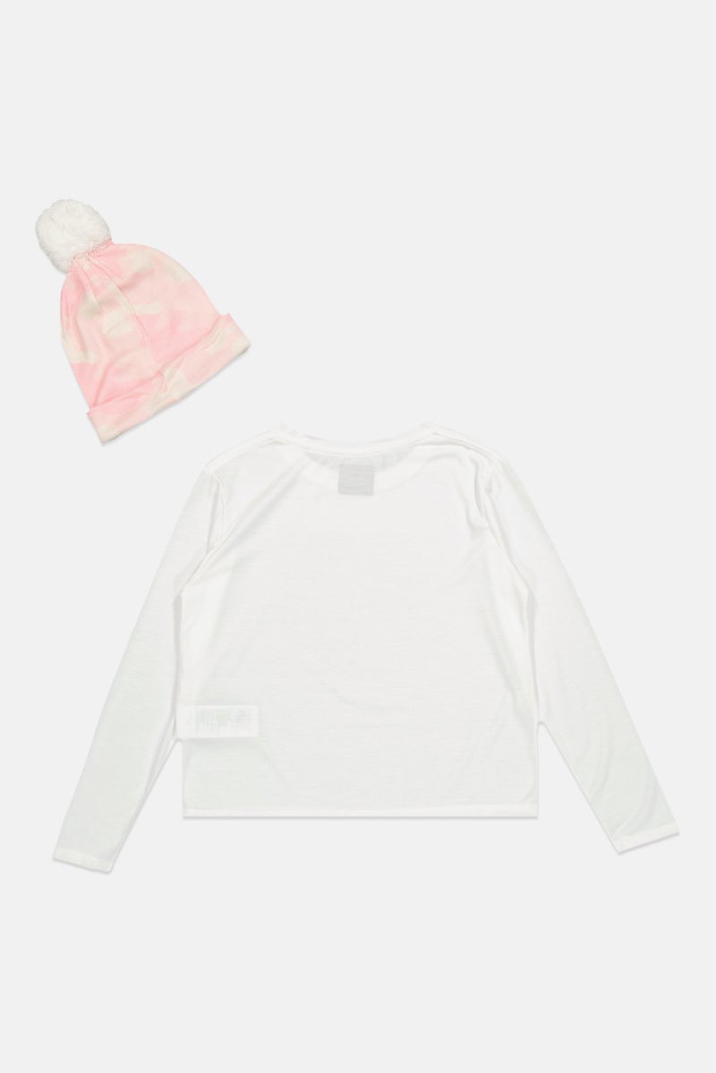 Kids Girl 2 Piece Graphic Printed  Top With Beanie, White