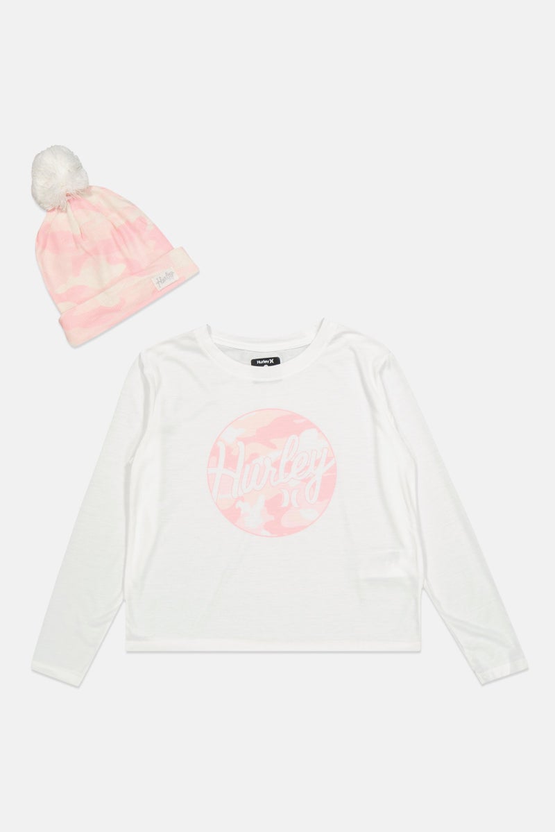 Kids Girl 2 Piece Graphic Printed  Top With Beanie, White