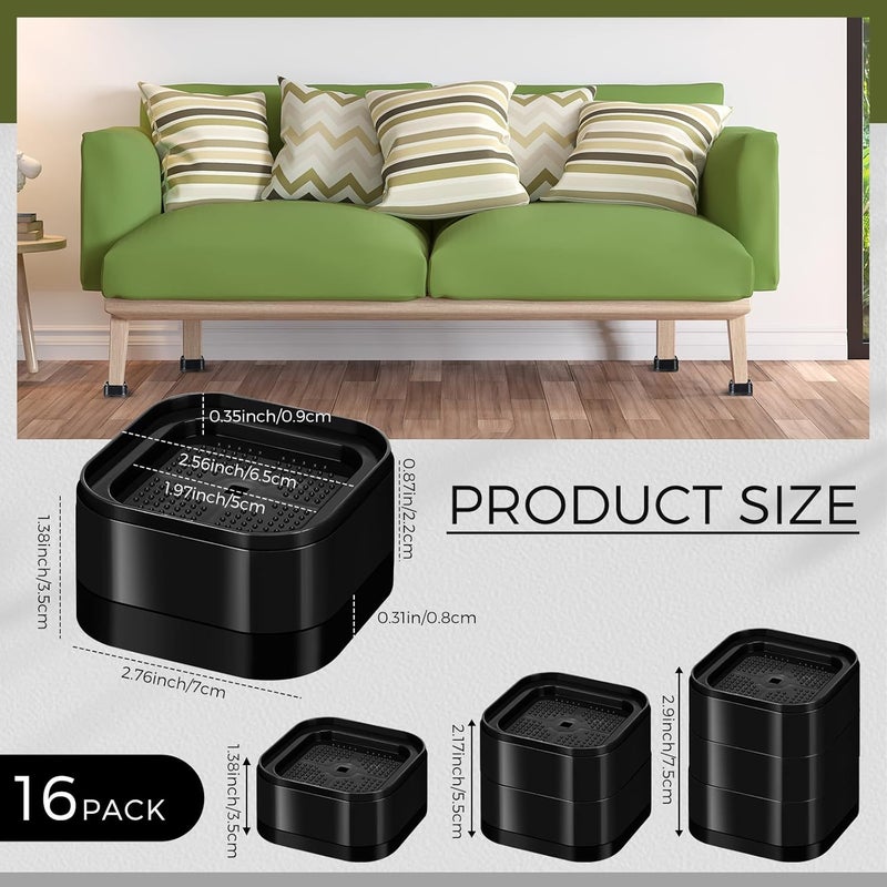 Ecally Store 16 Pack Furniture Risers Adjustable Bed Risers Desk Leg Risers 1.38" Stackable Heavy Duty Bed Lifts Risers Square Bed Raising Blocks for Mattress Table Leg Desk Chair Couch Sofa Dorm (Black) - Image 2