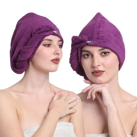CREEVA Hair Towel Wrap High Absorbent Towel Hair-Drying Bathrobe Magic Hair Warp Towel Super Quick-Drying 100% Terry Cotton Velour 380 GSM Bath Towel Hair Dry Cap Salon Towel Pack of 2 - Purple - Image 1