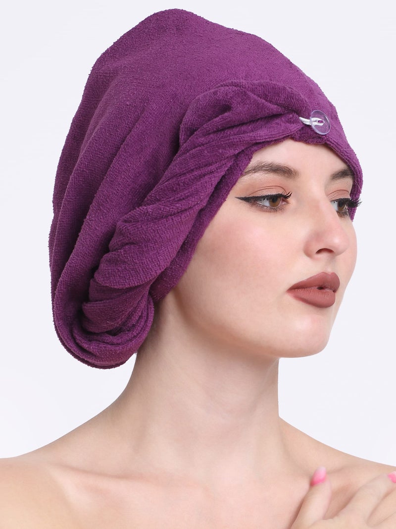 CREEVA Hair Towel Wrap High Absorbent Towel Hair-Drying Bathrobe Magic Hair Warp Towel Super Quick-Drying 100% Terry Cotton Velour 380 GSM Bath Towel Hair Dry Cap Salon Towel Pack of 2 - Purple - Image 2