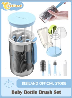 Bebiland Baby Bottle Brush Set with Extendable Silicone Bottle Brush, Pacifier Brush, Drying Rack, Straw Cleaner Brush, Soap Dispenser, Suitable for Home, Travel, and Family Visits, Blue  - Image 1