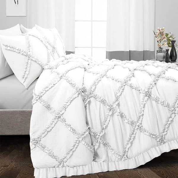 EASY BEDDING 300 Thread Count Luxurious Diamond Ruffle DuvetQuiltBlanket Cover Set Zipper Closure Diamond Duvet Cover with 2 Pillow Cover 100 Cotton Ruffle Design King Size White Solid - Image 2