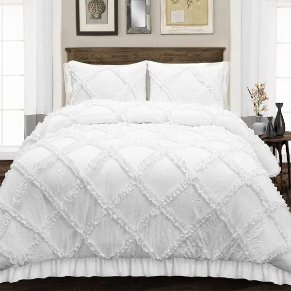 EASY BEDDING 300 Thread Count Luxurious Diamond Ruffle DuvetQuiltBlanket Cover Set Zipper Closure Diamond Duvet Cover with 2 Pillow Cover 100 Cotton Ruffle Design King Size White Solid - Image 1