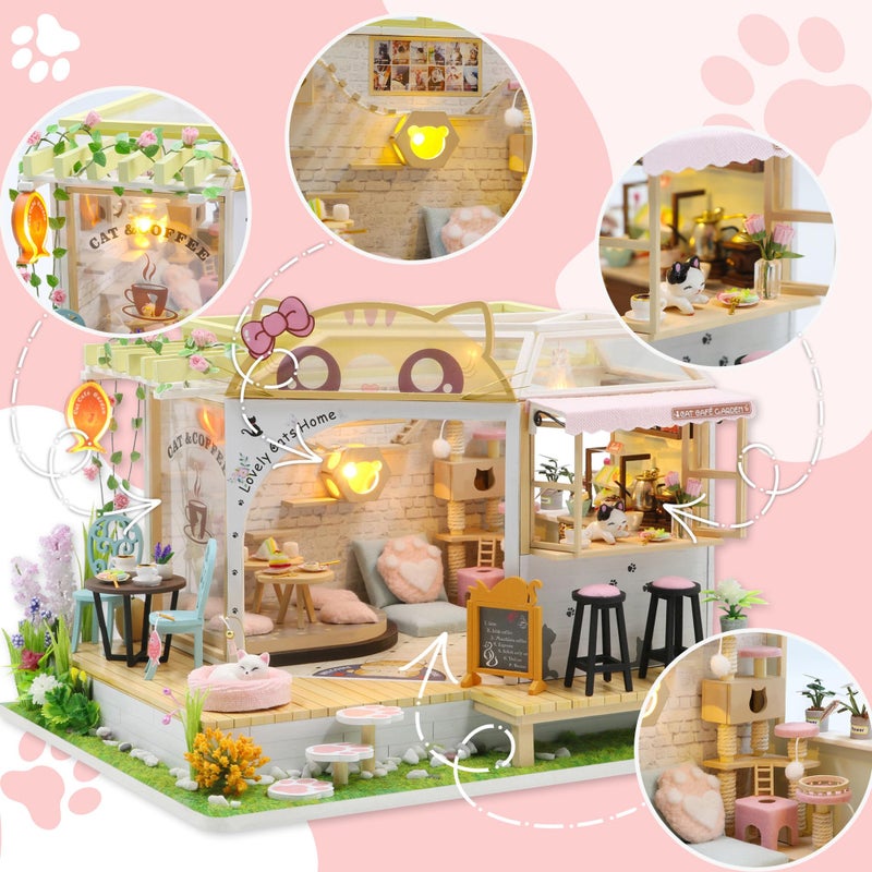 Kisoy Dollhouse Miniature with Furniture Kit, Handmade DIY House Model for Teens Adult Gift (Cat Cafe Garden) - Image 5