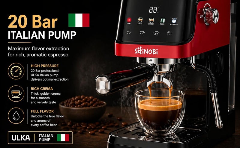 SHINOBI Espresso Coffee Machine with Best Italian Pump,20 Bar, Touch Screen, Big 1.5L Water Tank, Milk Frother, Thermoblock Fast Heating1350W, Professional Cappuccino & Latte Maker. - Image 4