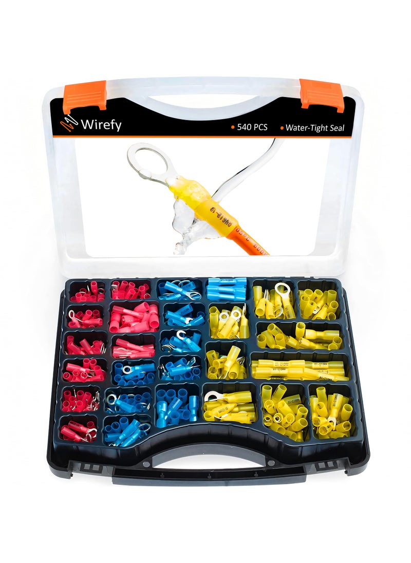 Wirefy Wirefy Heat Shrink Crimp Connectors Kit - Heat Shrink Wire Connectors - Automotive Wire Connectors Kit - Insulated Ring, Spade, Fork, Hook & Butt Terminal Connectors - 22-10 Gauge - 540 PCS  - Image 1