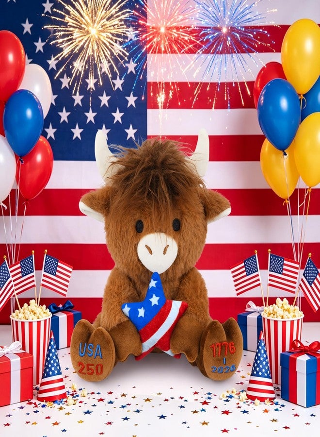 JIZWPOOM 4th of July Patriotic Highland Cow Stuffed Animal Toy- Cute 250th Anniversary Highland Cow Plush Hold USA Flag Star,Memorial Day Patriotic Decorations Stuffy Gift for Kids Boys Girls Adults - Image 2
