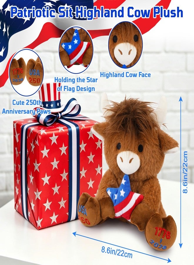 JIZWPOOM 4th of July Patriotic Highland Cow Stuffed Animal Toy- Cute 250th Anniversary Highland Cow Plush Hold USA Flag Star,Memorial Day Patriotic Decorations Stuffy Gift for Kids Boys Girls Adults - Image 3