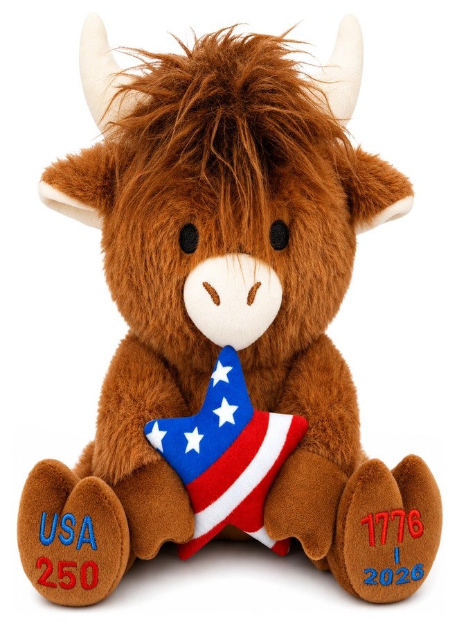 JIZWPOOM 4th of July Patriotic Highland Cow Stuffed Animal Toy- Cute 250th Anniversary Highland Cow Plush Hold USA Flag Star,Memorial Day Patriotic Decorations Stuffy Gift for Kids Boys Girls Adults - Image 1