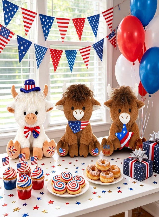 JIZWPOOM 4th of July Patriotic Highland Cow Stuffed Animal Toy- Cute 250th Anniversary Highland Cow Plush Hold USA Flag Star,Memorial Day Patriotic Decorations Stuffy Gift for Kids Boys Girls Adults - Image 5