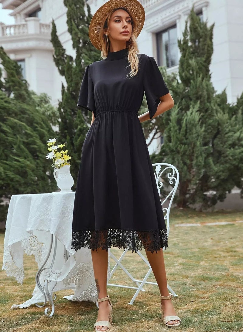 Mock Neck Contrast Lace Hem A-line Dress  - Image 1